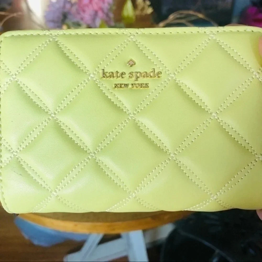 Kate Spade New York Quilted Leather Wallet Green Snap & Zip Compact Bifold NWT